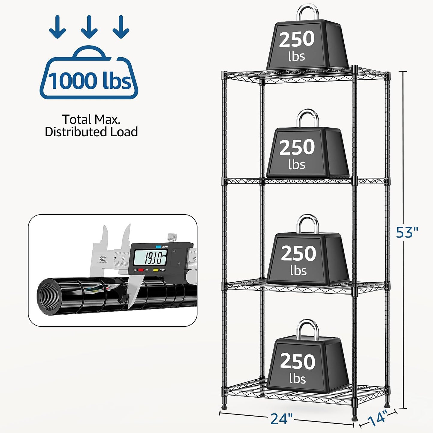 1000 lbs 4Tier Shelf Metal Storage Shelves Wire Rack Closet Organizers with Wheel for Garage Kitchen Bathroom Laundry Black 13.7" D x 23.6" W x 53.4" H