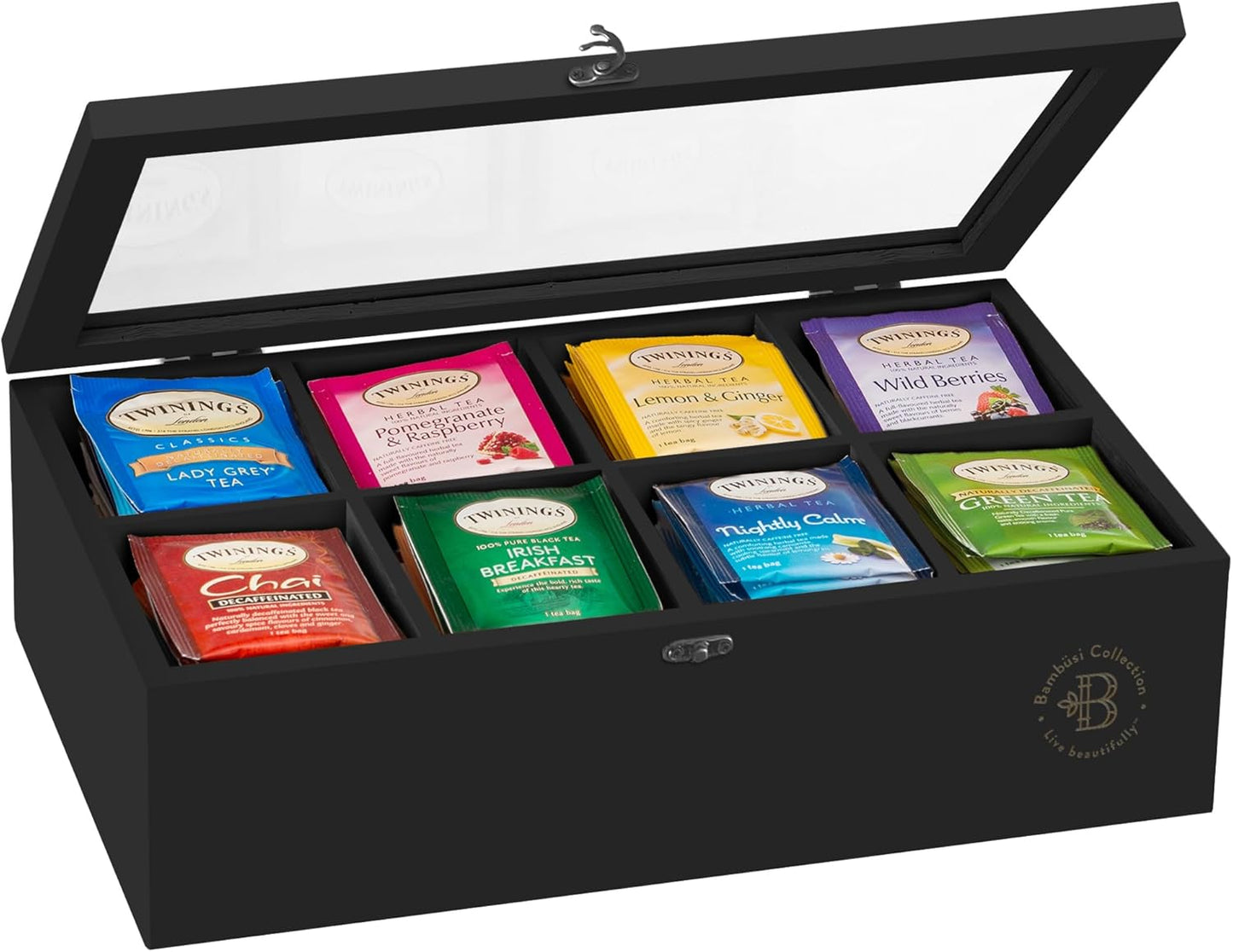 Bambüsi Tea Bag Organizer - Bamboo Tea Box Organizer Storage Box, Tea Bag Holder with Acrylic Window, Magnetic Lid Keeps Tea Bags Fresh - Ideal Gifts Tea Organizer Caddy (Tea Not Included) - Black