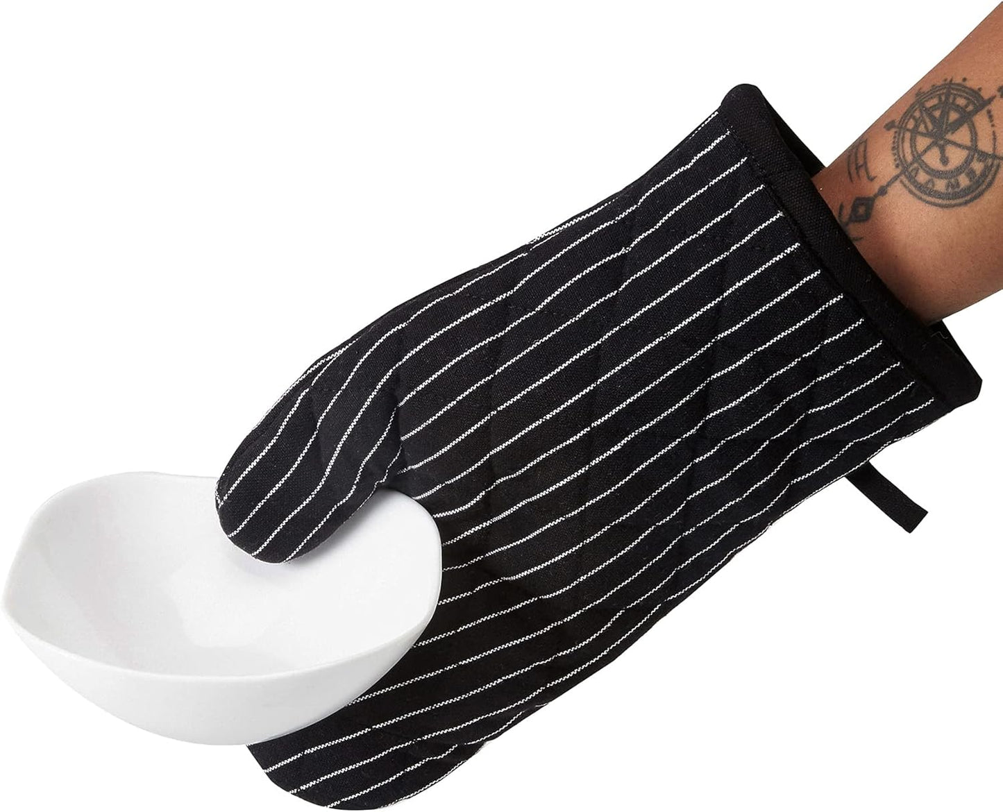 Encasa Homes Long 12" Oven Microwave Hand Gloves Mitts (2 pc Set) for Kitchen Cooking & Baking - Heat Resistant, Thick & Safe, Protection of Hands from Hot Utensils - Butcher Stripes Black