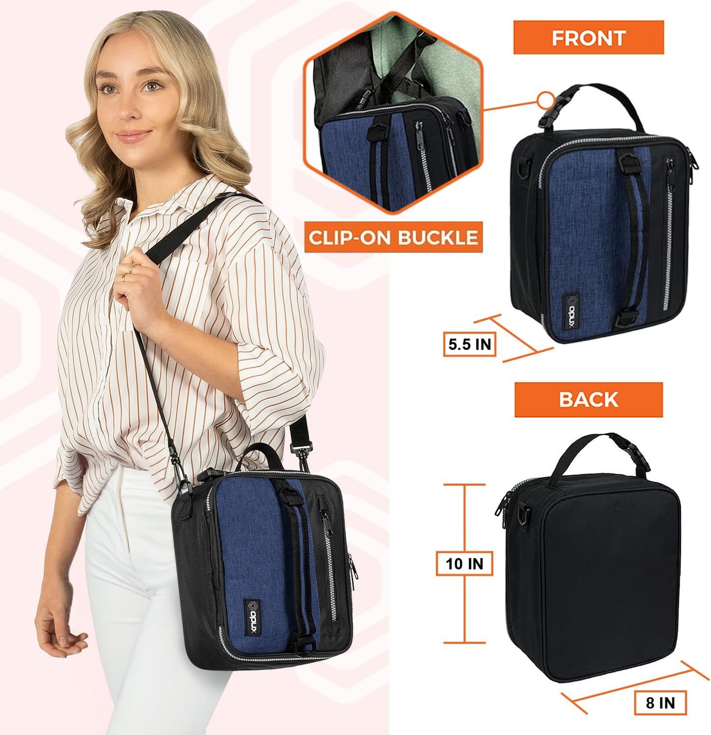 opux Insulated Lunch Box for Men Women Adult, Compact Lunch Bag for Kids Boy Girl Teen, Soft Lunch Cooler Bag for Work School, Leakproof Lunchbox Lunch Pail with Clip-on Buckle, Heather Navy