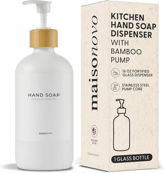 MaisoNovo Glass Hand Soap Dispenser | Dish Soap Dispenser for Kitchen | 16.9oz White Bottles with White Bamboo Pump | Bathroom Lotion Dispenser