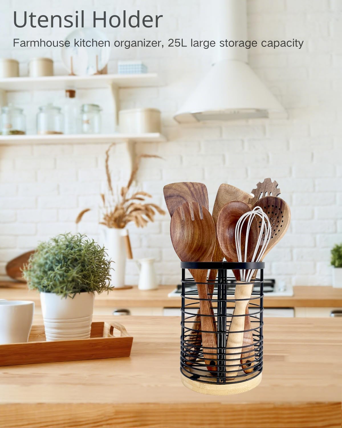 Utensil Holder with Removable Dividers, 7.2'' Large Capacity Kitchen Utensil Holder with Bamboo Base & Iron Mesh, Anti-Tip Design, 4 Partitions Utensils Holder Counter, Matte Black