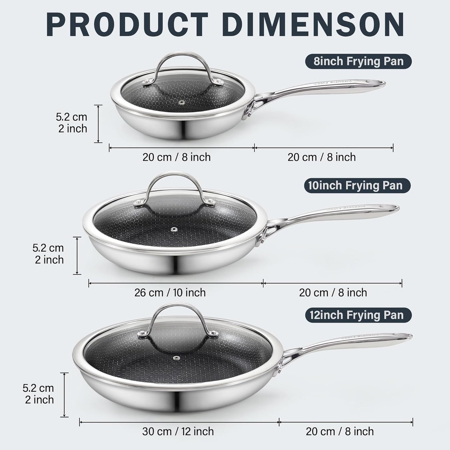 Cooks Standard Hybrid Nonstick Frying Pan Set, 8, 10 and 12-Inch Multi-Ply Clad Stainless Steel 3 Piece Skillet with Tempered Glass Lids, Oven Safe, Compatible with All Stovetops