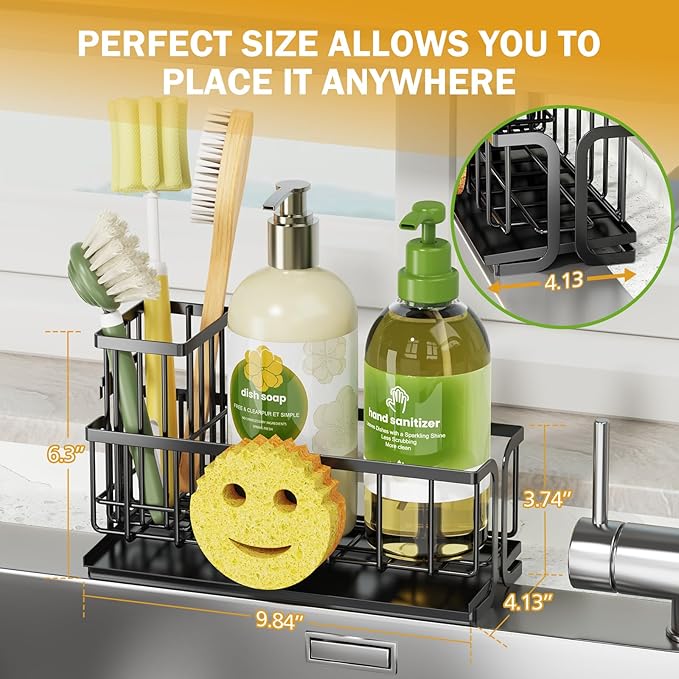 Epicano Sink Caddy Sponge Holder, Smiley Face Sponge Rack with High Brush Holder,Rustproof Kitchen Countertop Organizer,Kitchen Gadgets Sink Accessories, 9.8" x 6.3" x 4.1", Black