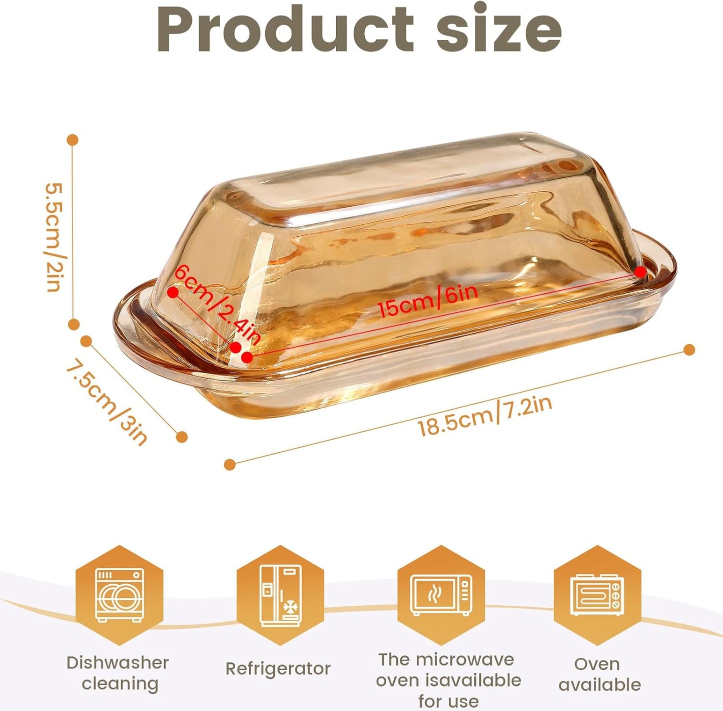 Glass Butter Dish Butter Keeper and Butter Holder for Fridge,Butter Dish with Lid for Countertop,Vintage Container for Counter,Butter Tray on Counter (Amber-7)