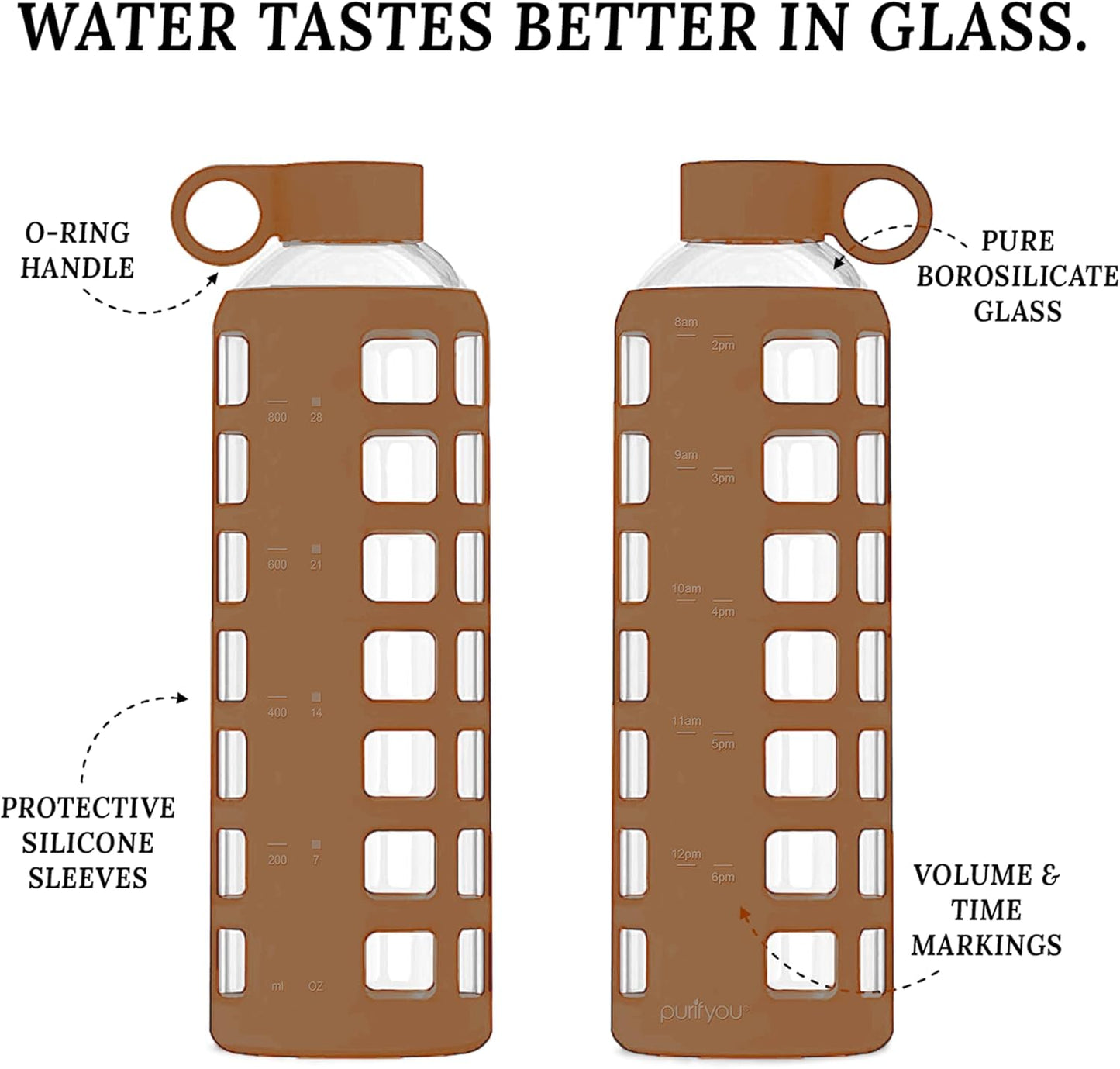 purifyou 40oz / 32oz / 22oz / 12oz Borosilicate Glass Water Bottle with Time & Volume Markers, Silicone Sleeve, Stainless Steel Lid – Reusable Glass Bottle for Water & Juice (40oz Iced Coffee)