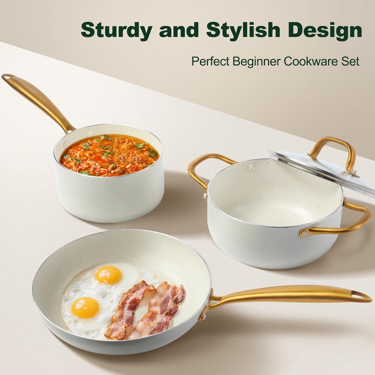 Pots and Pans Set Non Stick, 7 Piece White Granite Induction Cookware Set, Nonstick Kitchen Cooking Set with Gold Handle and Utensil, Oven Safe (PFOS, PFOA Free)