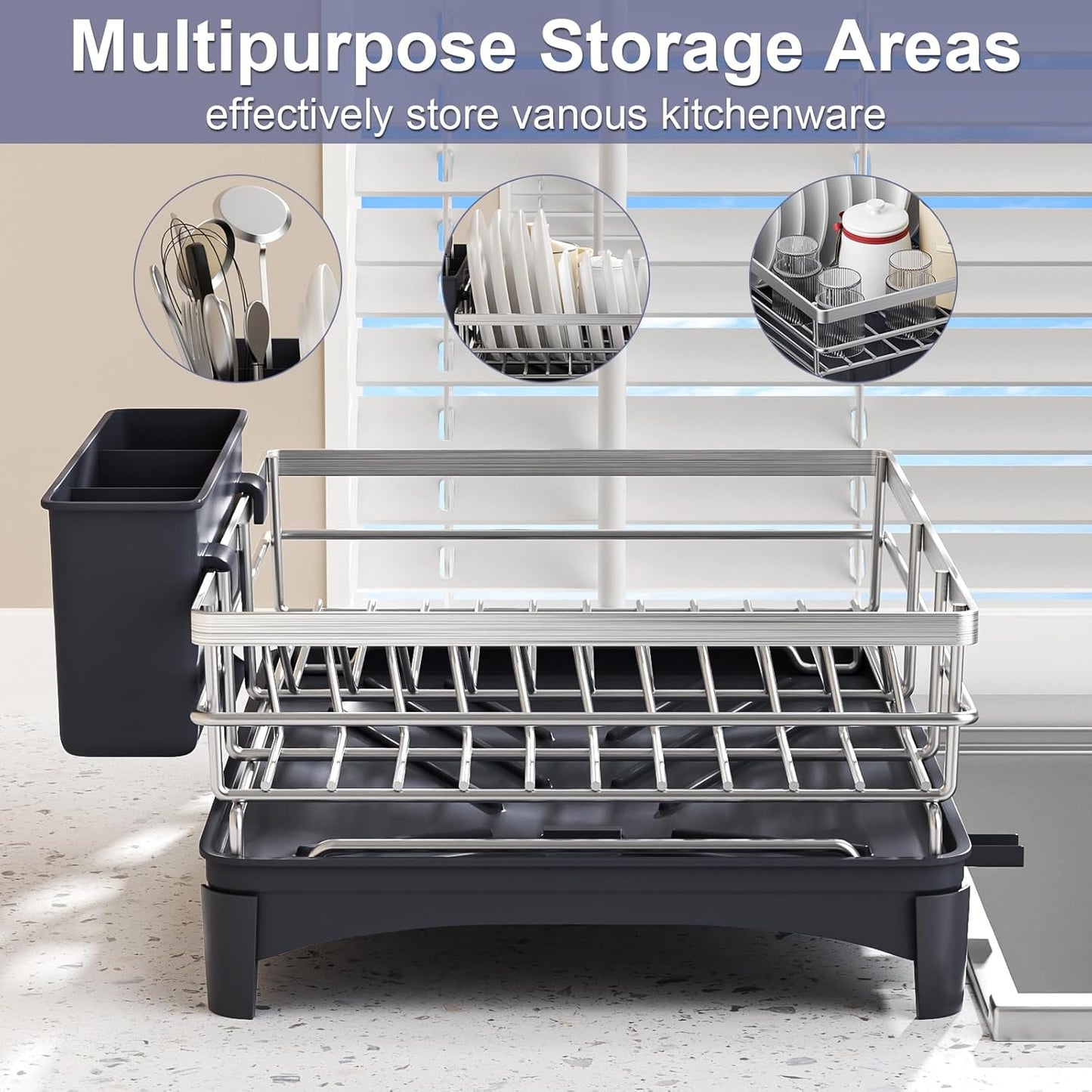 Dish Drying Rack,Rustproof Stainless Steel Dish Rack for Kitchen Counter,Dish Drainer with Cutlery Holder and Removable Drainboard,16.5" D x 11.8" W x 6.29" H