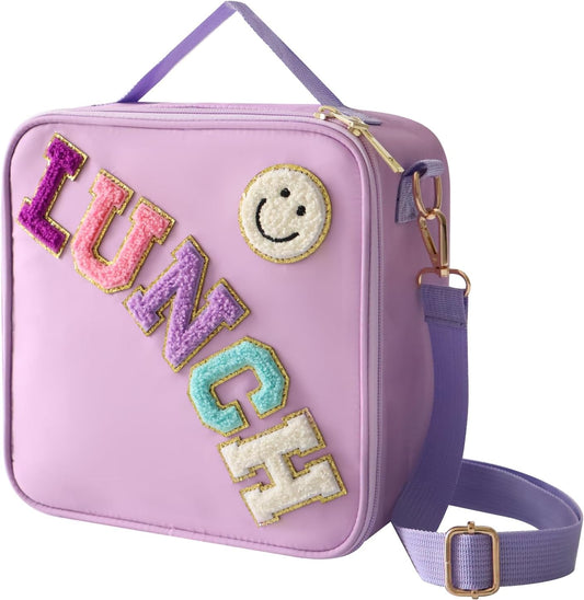 Insulated Lunch Bag With Adjustable Shoulder Strap, Nylon Preppy Lunch Box Large Insulated Lunch Bag Reusable Lunch Tote Bag with Smiley Preppy LunchBag for Girls School Travel Picnic (Purple)