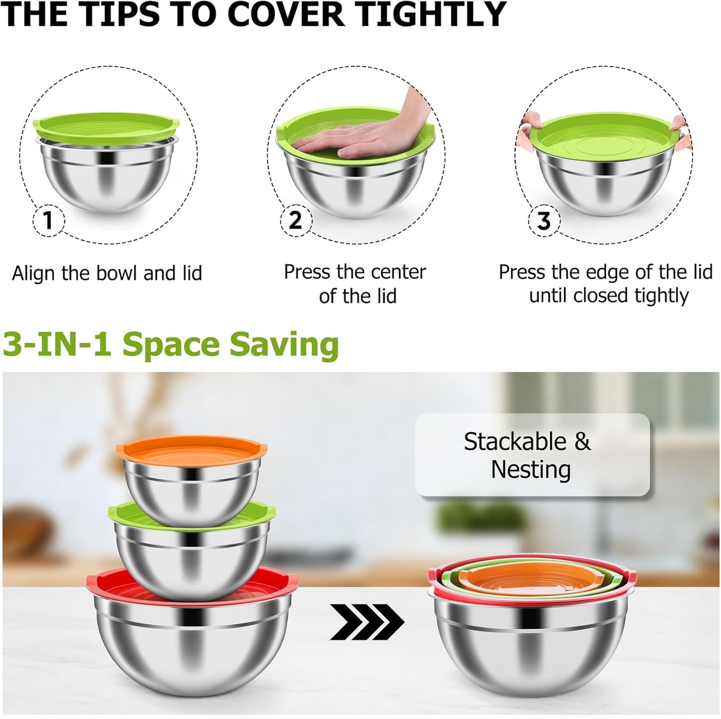 TeamFar Mixing Bowls, Stainless Steel Nesting Salad Bowls with Airtight Lids Set, For Serving/Mixing/Storing, Healthy & Long-lasting, Dishwasher Safe & Easy Clean, 4.6/3 / 1.5 QT, Colorful