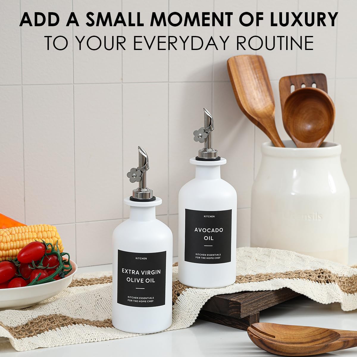 HOMCDALY Olive Oil Dispenser for Kitchen, 11.8oz Glass kitchen Dispenser Bottle, White Oil&Vinegar Cruet Set, Leakproof Oil Bottle for Cooking| Set of 2 (11.8oz – White)