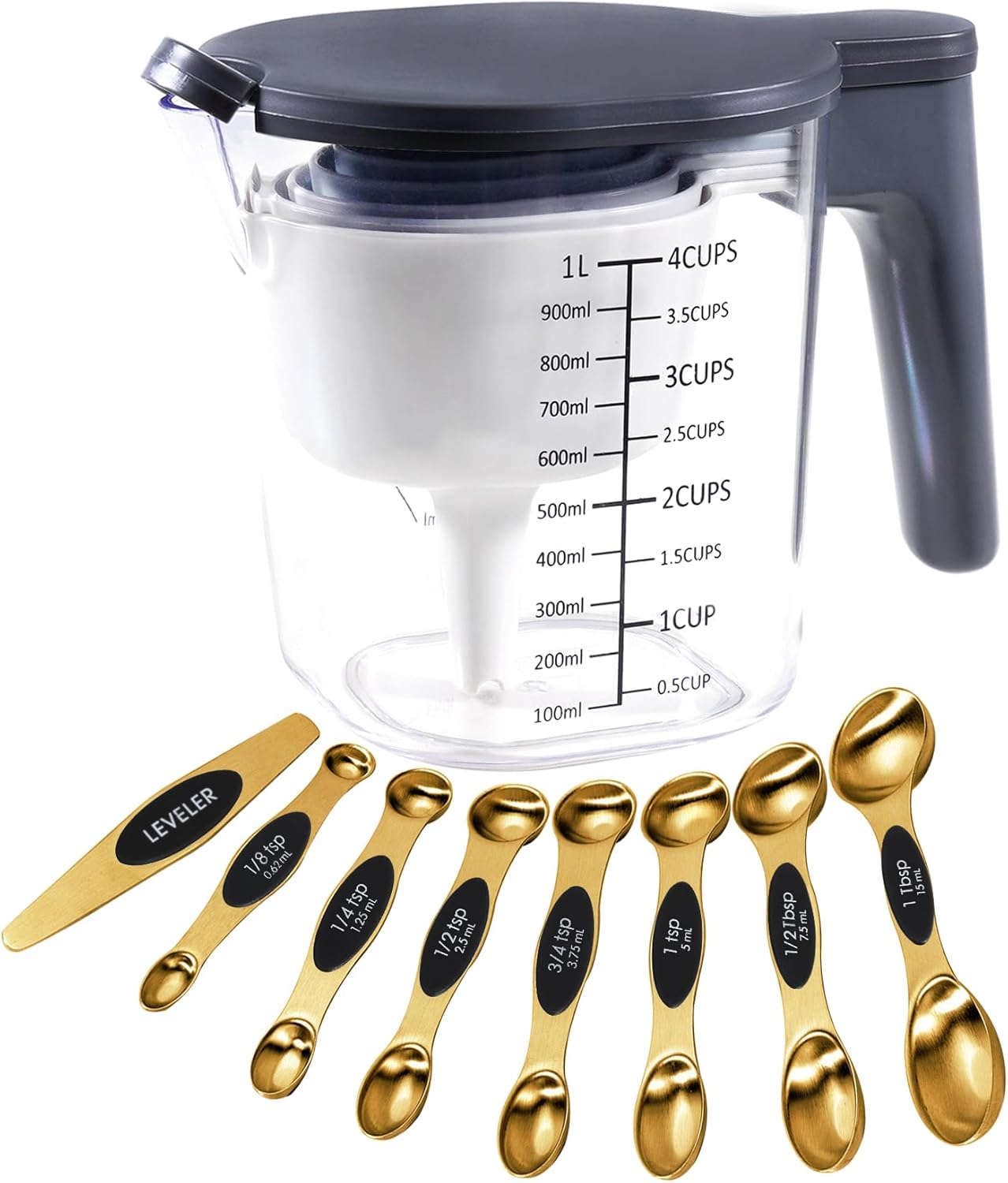 18 Pieces Measuring Cups and Spoons set, Includes 10 Stackable Measuring Cup with Lid and 8 Magnetic Measuring Spoons, for Liquid and Dry Ingredient, BPA Free (Golden)
