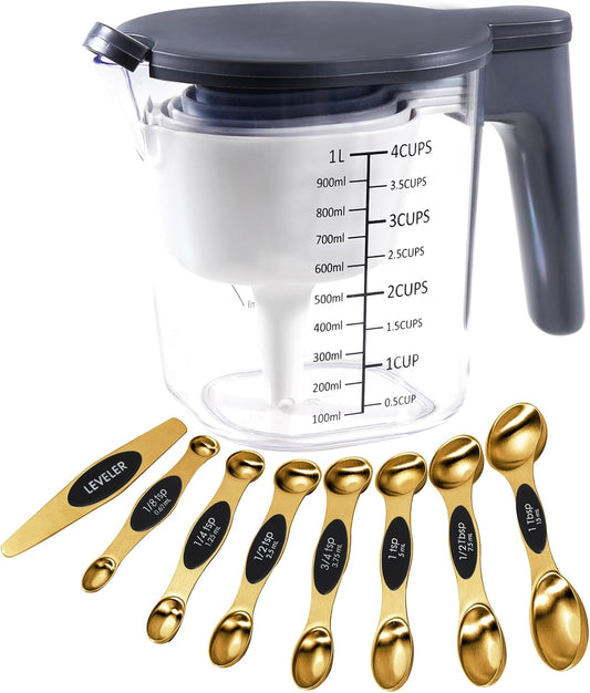18 Pieces Measuring Cups and Spoons set, Includes 10 Stackable Measuring Cup with Lid and 8 Magnetic Measuring Spoons, for Liquid and Dry Ingredient, BPA Free (Golden)