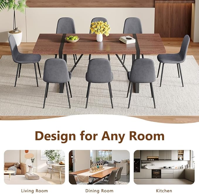 86.6" Dining Table Set for 8, Modern 9 Piece Wood Kitchen Table and Chairs Set, Rectangle Dining Room Table with 8 Linen Fabric Upholstered Chairs, Ideal for Home, Kitchen, or Apartment Dining
