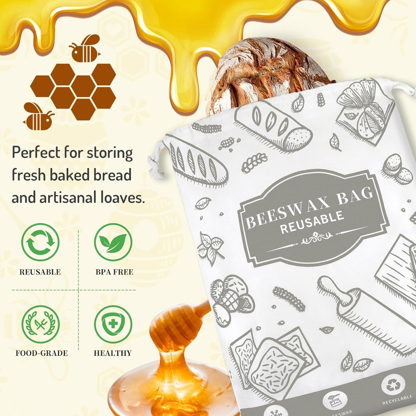 2-Pack Beeswax Bread Bags for Homemade Bread, Grey Reusable Sourdough Storage Bags with Premium Beeswax Coating for Loafs Baguette Fresh Keeping,Great Homesteading Essentials and Baking Gifts.