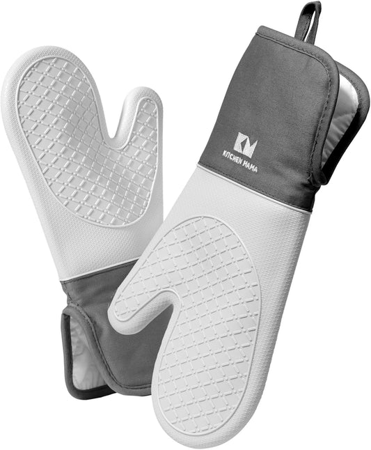 Kitchen Mama UltraShield Silicone Oven Mitts Heat Resistant – Non-Slip, Stain-Resistant, Silicone Cooking Mitts & Pot Holders for Baking, Grilling, Heat Resistant Cooking Gloves (Metal Gray)