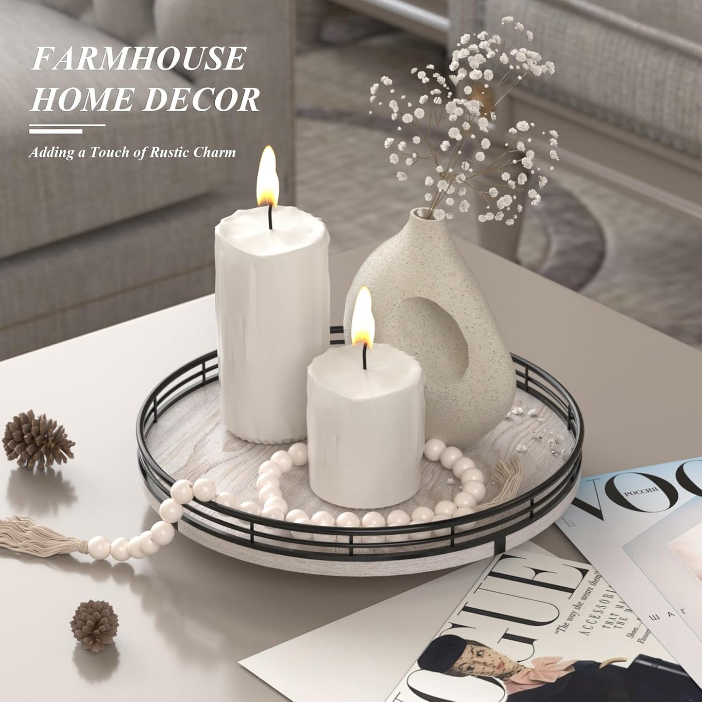 10" Oak Bathroom Vanity Tray Turntable for Perfume Candle, Round Wooden Decorative Tray for Kitchen Sink Countertop Organizer, Bathroom Counter Organizer for Skincare Makeup, Rustic White