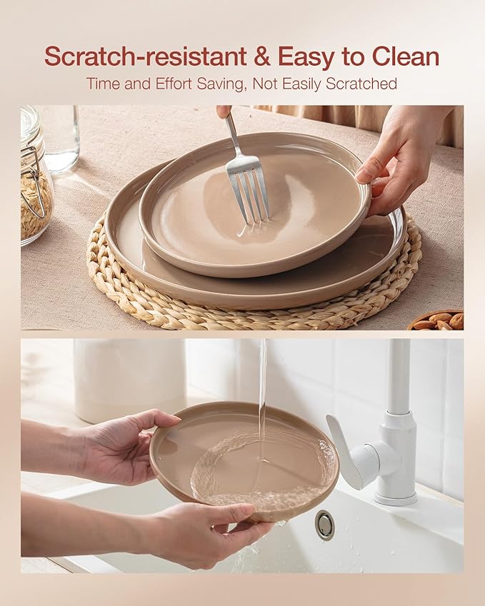 Famiware Milkyway Stoneware Dinnerware Sets with Mugs, Service for 4 (16pcs), Plates and Bowls Sets, Scratch Resistant, Microwave and Dishwasher Safe Dishes Set, Cinnamon Brown