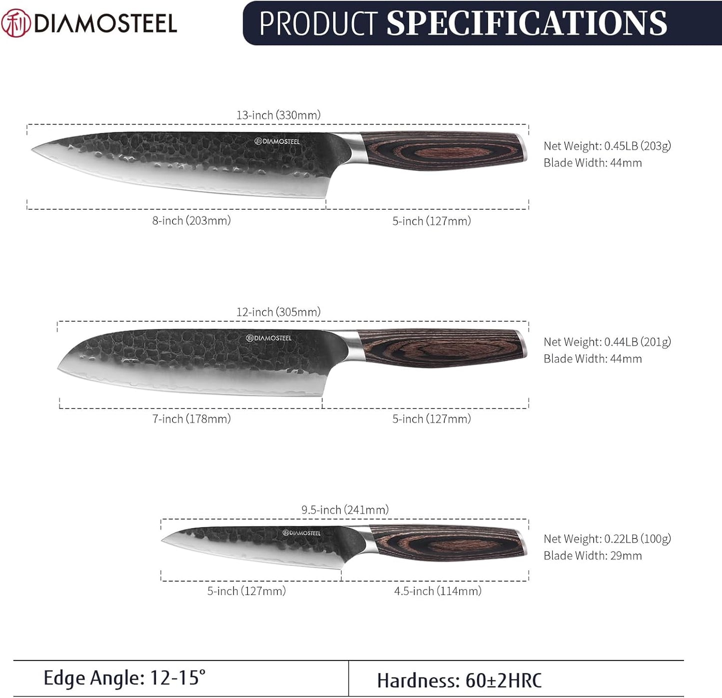 Kitchen Knife Set - 3 Pieces Knives Set for Kitchen High Carbon 9CR18MOV Steel, Hammered Black Oxide Blade & Pakkawood Handle - Profession Chef Knife Set Elegant Holiday Gift for Chefs