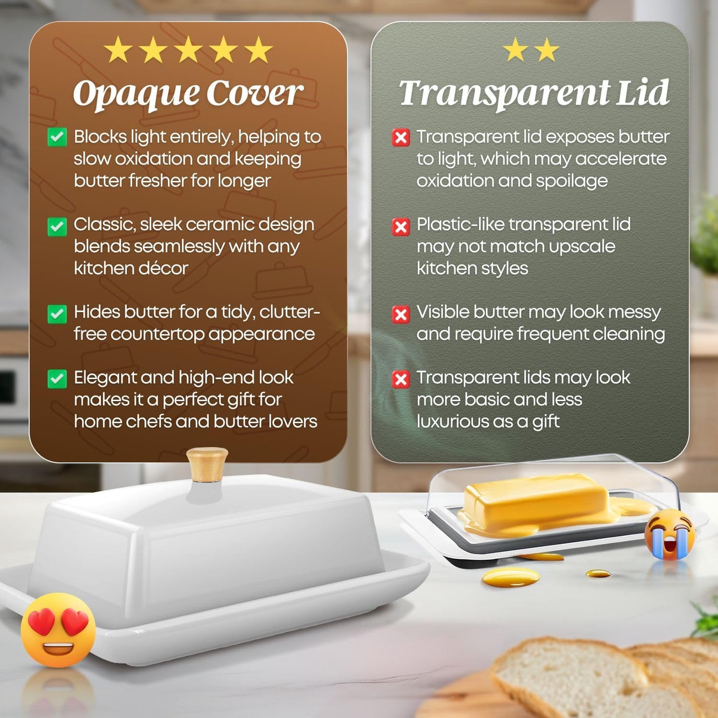 Flexzion Ceramic White European Butter Dish with Lid for Countertop (8 Inch) - Wide 2 Stick Double Butter Holder for Counter, Cream Cheese Container Storage Keeper