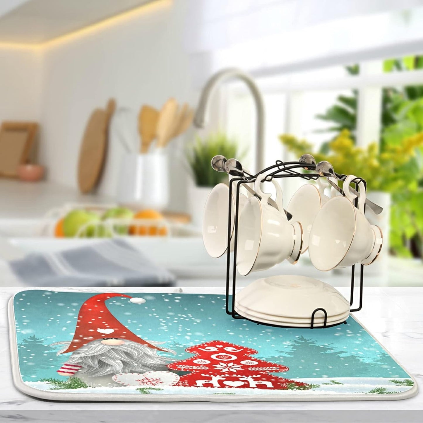 Super Absorbent Dish Drying Mat, Microfiber Fast-Drying Dish Mat, 16" x 18", Kitchen Dish Drying Pad, Watercolor Cute Christmas Gnome…