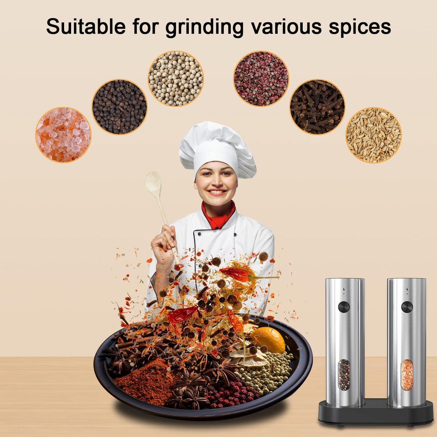 Electric Salt and Pepper Grinder Set with Charging Base，Stainless Steel Automatic Pepper Grinder Set Top-Refill, Flexible Coarsenes, 110ml Larger Capacity with LED Light for Home Kitchen (2 pack)