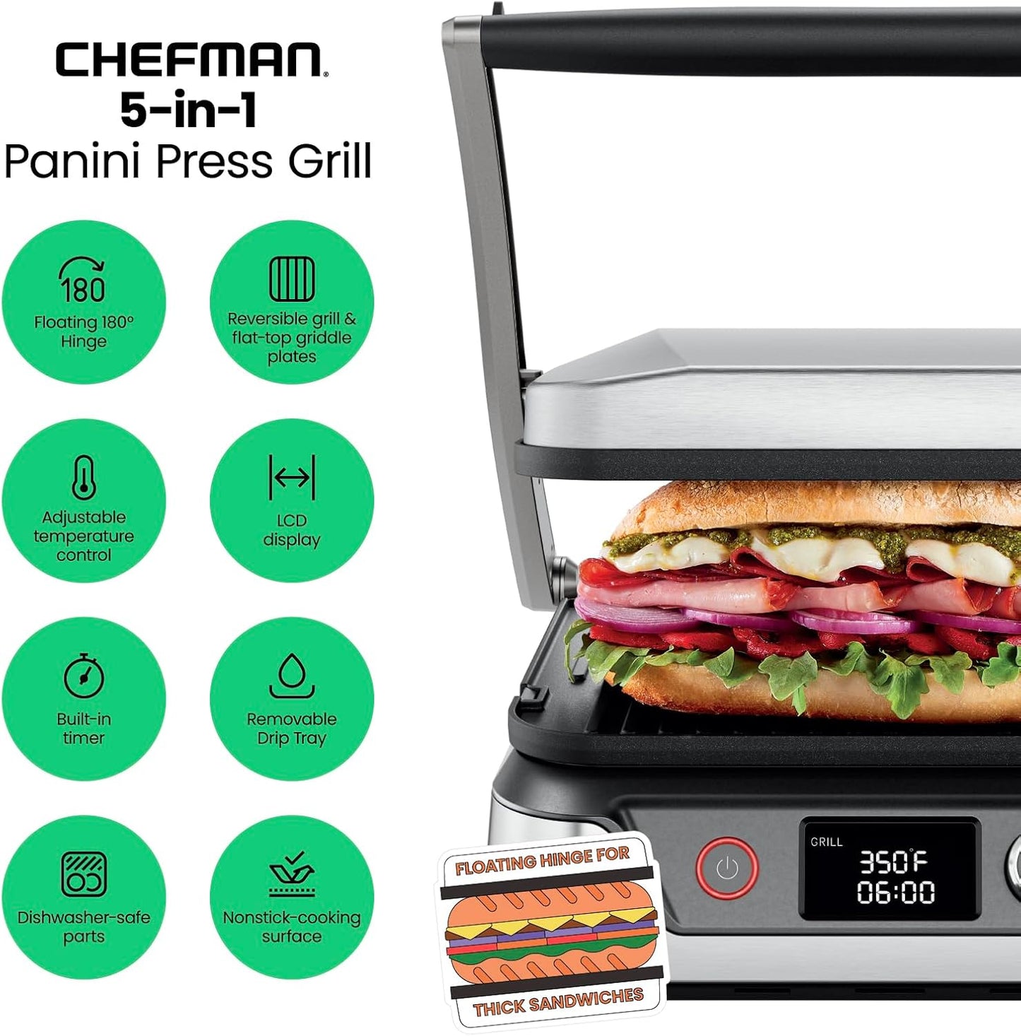 Chefman 5-in-1 Digital Panini Press Grill Sandwich Maker and Griddle Grill Combo with Removable, Reversible Dishwasher-Safe Grilling Plates, Opens 180° for Indoor BBQ /Flat Top Grill, Stainless steel