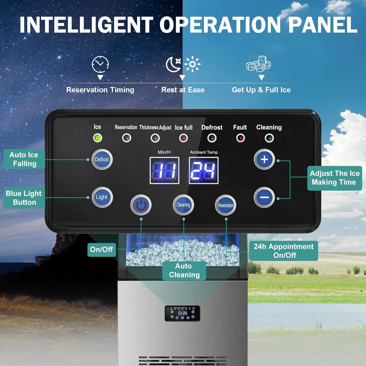 Commercial Ice Maker Machine, 150Lbs/24H with 45Lbs Large Ice Capacity, 55Pcs Clear Ice Cubes Ready in 8-15Mins, Freestanding Stainless Steel Ice Making Machine for Home Party Bar