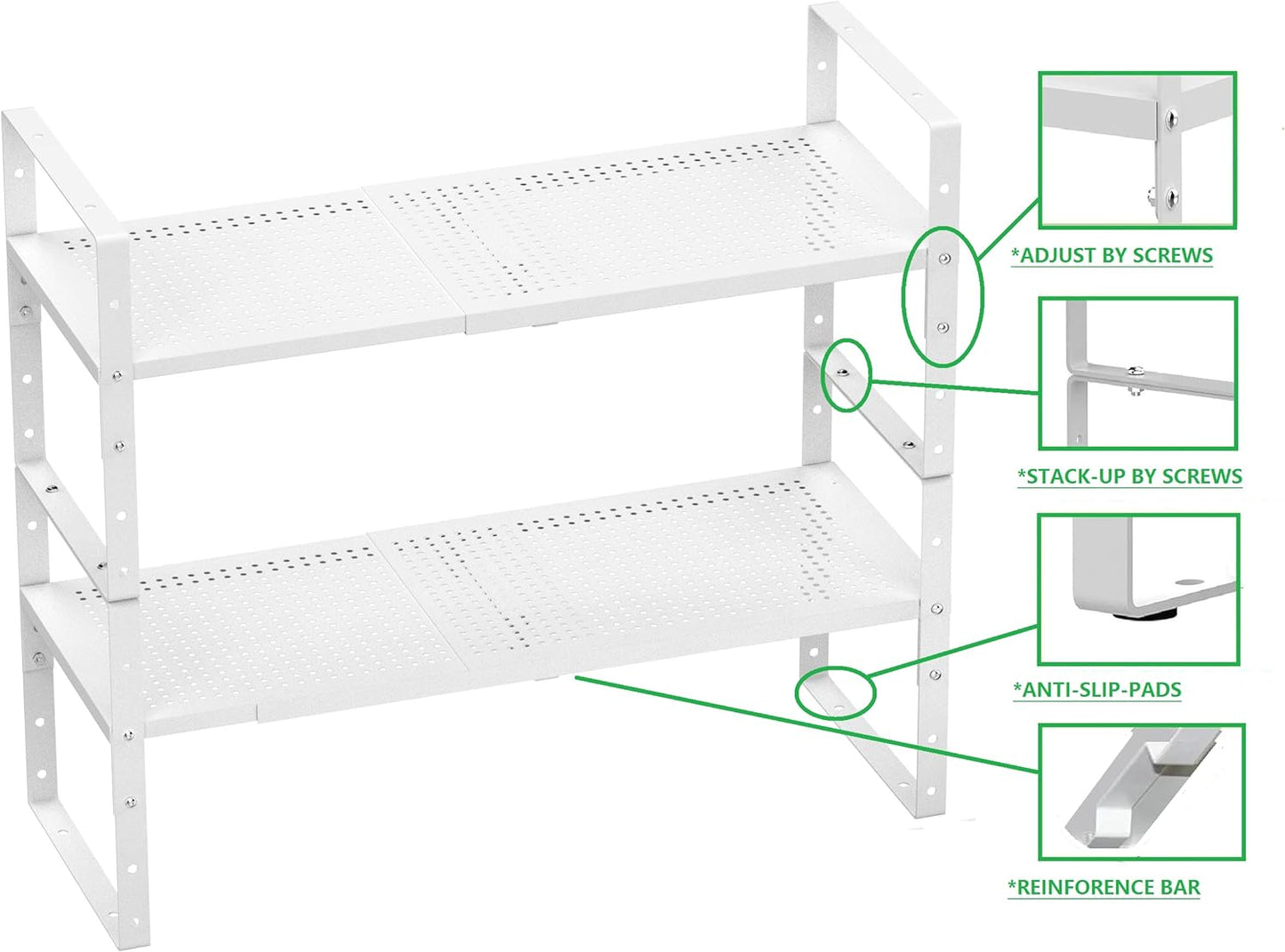 Expandable Shoe Rack Stackable Metal Pantry Storage Shelves Stand Adjustable Height Cabinet Shelf Organizer Racks Spice Shelving(1PACKS/WHITE,LARGE)