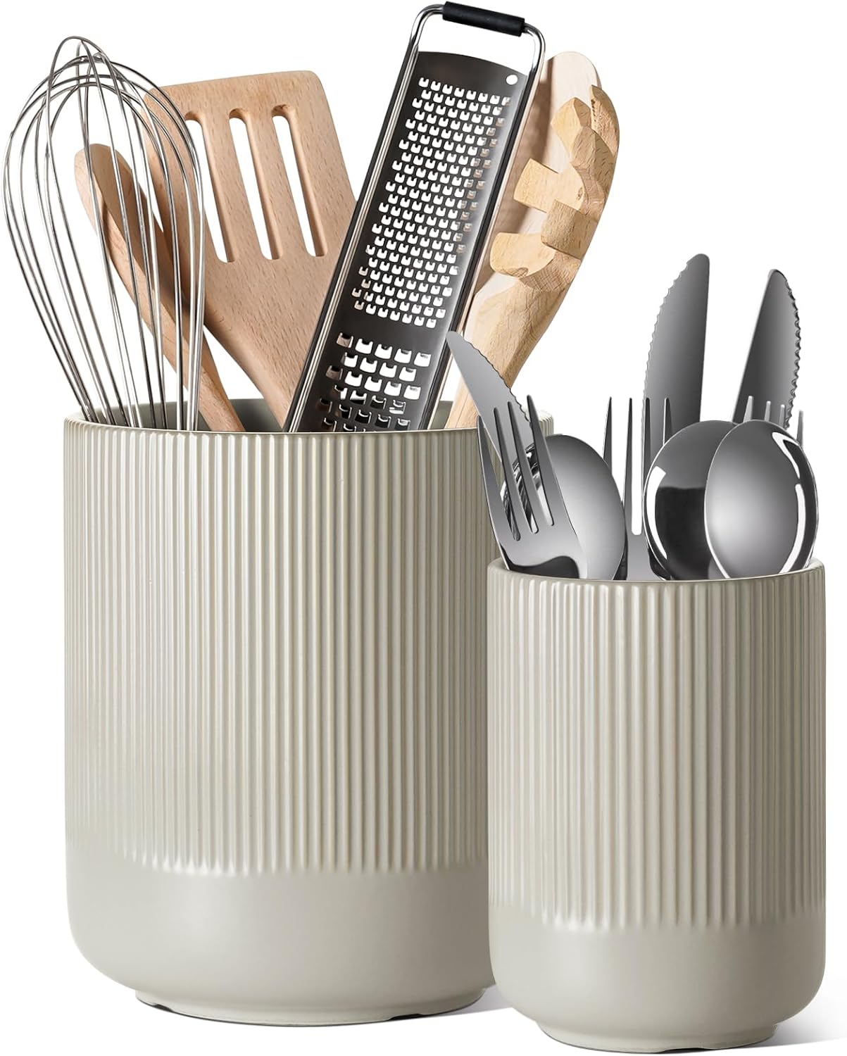 LE TAUCI Utensil Holder, 7.3"+5.4" Ceramic Kitchen Utensil Holder for Countertop, Large Cooking Utensil Crocks for Kitchen Counter, Morden Utensil Organizer for Spatula, Set of 2, Oatmeal Greige
