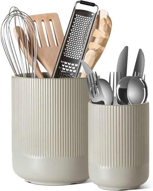 LE TAUCI Utensil Holder, 7.3"+5.4" Ceramic Kitchen Utensil Holder for Countertop, Large Cooking Utensil Crocks for Kitchen Counter, Morden Utensil Organizer for Spatula, Set of 2, Oatmeal Greige