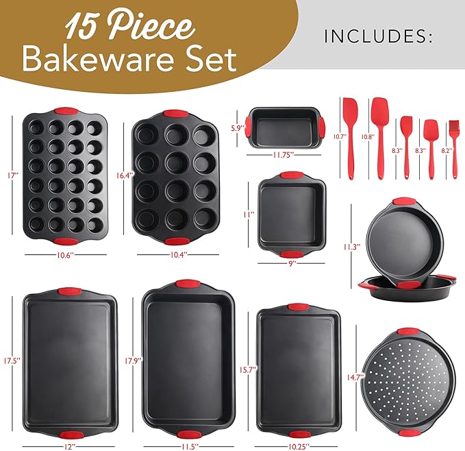 Baking Pan Set, 15 Piece Premium Baking Set, Nonstick Bakeware Sets BPA Free, Cookie Sheets for Baking Nonstick Set, Steel Baking Sheets for Oven with Muffin Pan, Cake Pan & Black Kitchen Utensils