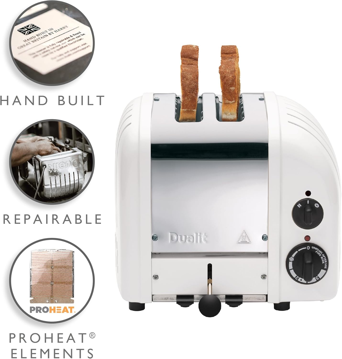 Dualit Classic 2 Slice NewGen Stainless Steel Toaster, White - Hand Built in the UK, Replaceable ProHeat® Elements – Slot Selector, Defrost Bread, Mechanical Timer-For Toast, Bagels & More