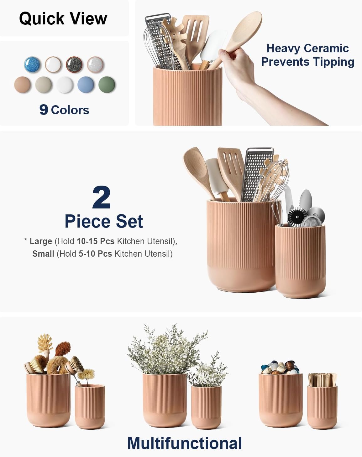 LE TAUCI Utensil Holder, 7.3"+5.4" Ceramic Kitchen Utensil Holder for Countertop, Large Cooking Utensil Crocks for Kitchen Counter, Morden Utensil Organizer for Spatula, Set of 2, Dusty Pink