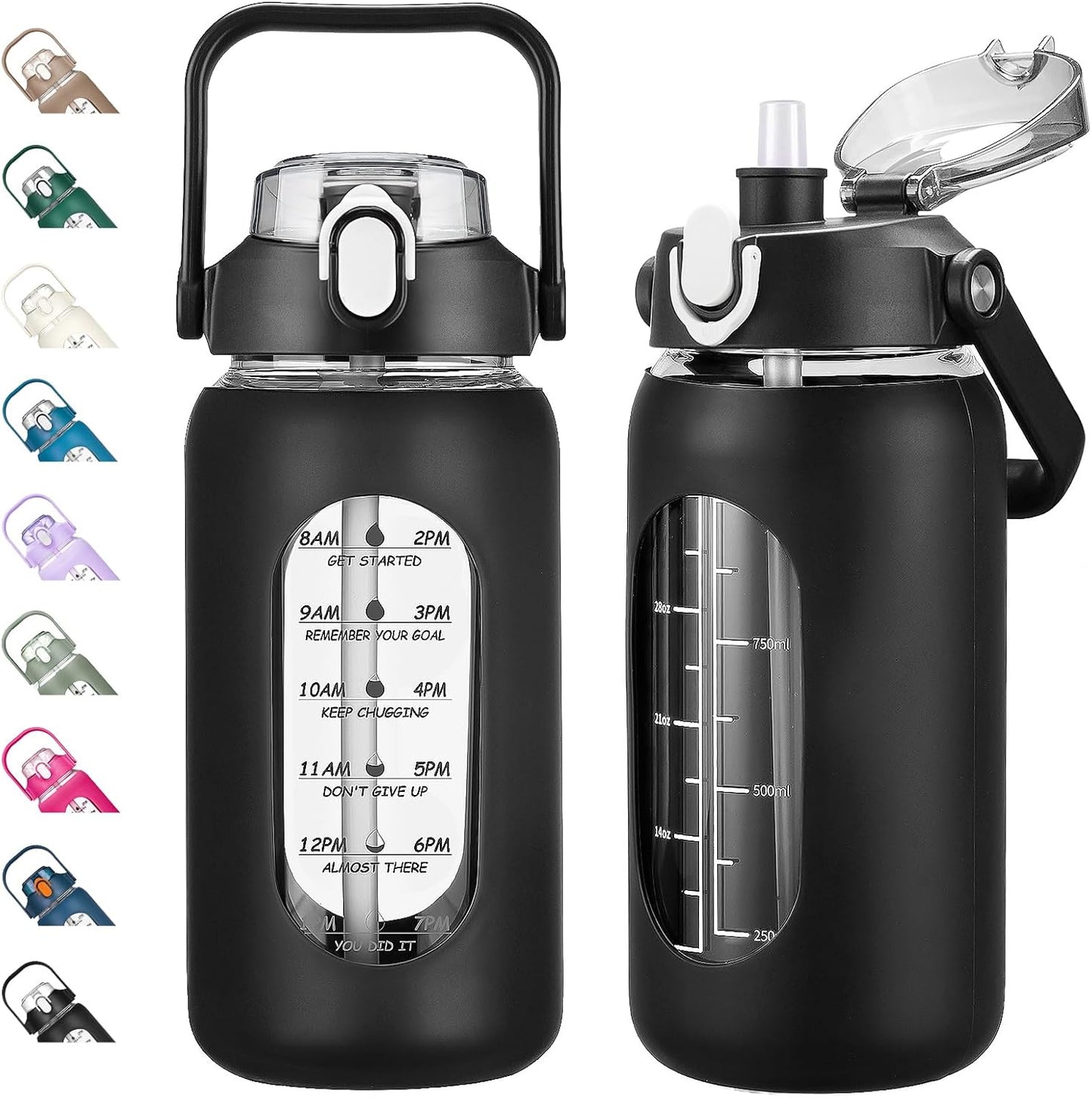kytffu 42oz Glass Water Bottles with Straw, Motivational Glass Bottle with Silicone Sleeve and Time Marker, Leakproof Large Glass Water Jug for Gym Home Office,Black