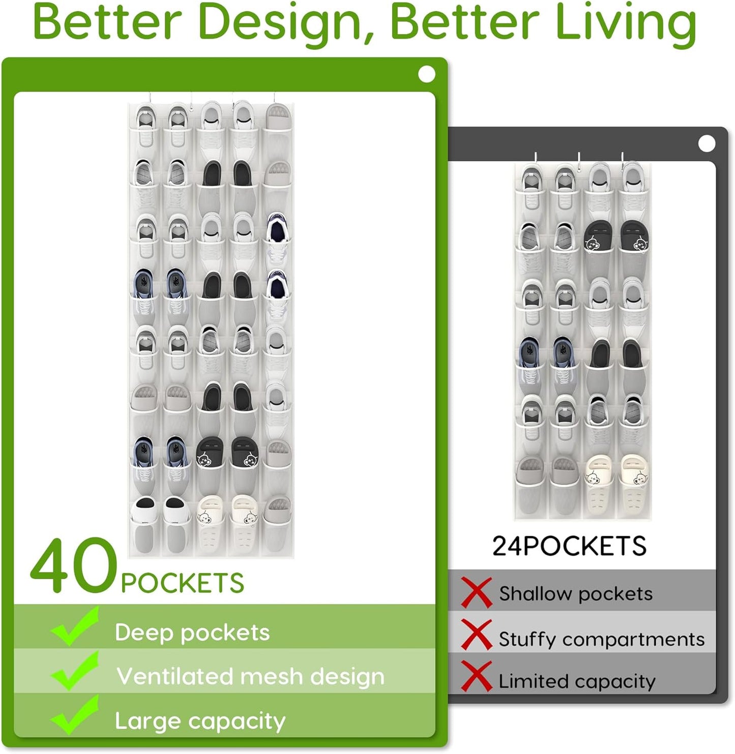 Unjumbly Over the Door Shoe Organizer with 40 Large Breathable Mesh Pockets, Space Saving Shoe Holder, Hanging Shoe Rack for Entryway Bedroom Closet Storage (White, 40 Pockets)