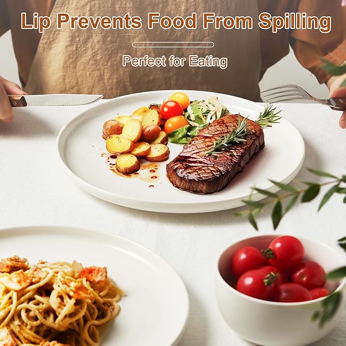 Jassceram 10.5 Inch White Dinner Plates Set of 6, Ceramic Round Plates for Kitchen or Restaurant, Salad Plates Modern Dish Set - Microwave, Oven and Dishwasher Safe, Scratch Resistant and Lead-free