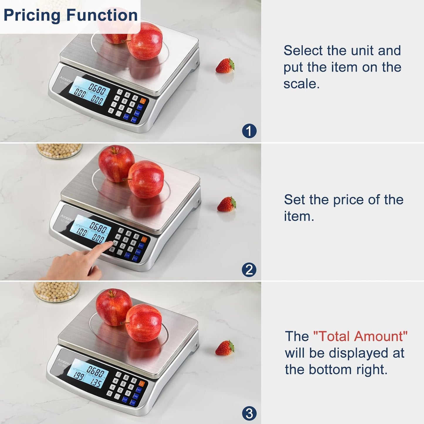 66lb Food Scale, Commercial Kitchen Scale with Price Computing, Plug-in Usable, 0.05oz/1g, 304 Stainless Steel, for Cooking, Vegetables, Farm, Industry, Counting. LC300