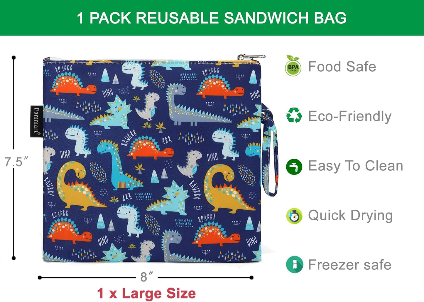 Reusable Sandwich Bag/Snack Bag for Kids & Adults, Dual Layer Lunch Bag with Handle, Cosmetic Bag Makeup Travel Bag for Women Girls, Washable, Food Safe, BPA Free (1-Pack, Dinosaur)