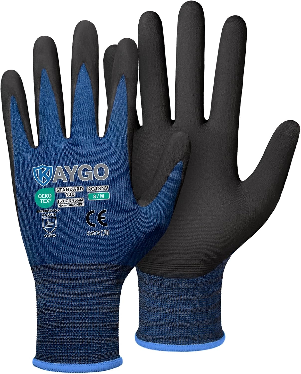 KAYGO Safety Work Gloves MicroFoam Nitrile Coated, 3 Pairs KG18NB,Seamless Knit Nylon Glove for Men and Women, Ideal for Automotive,Warehouse,Construction (M, Dark Blue)