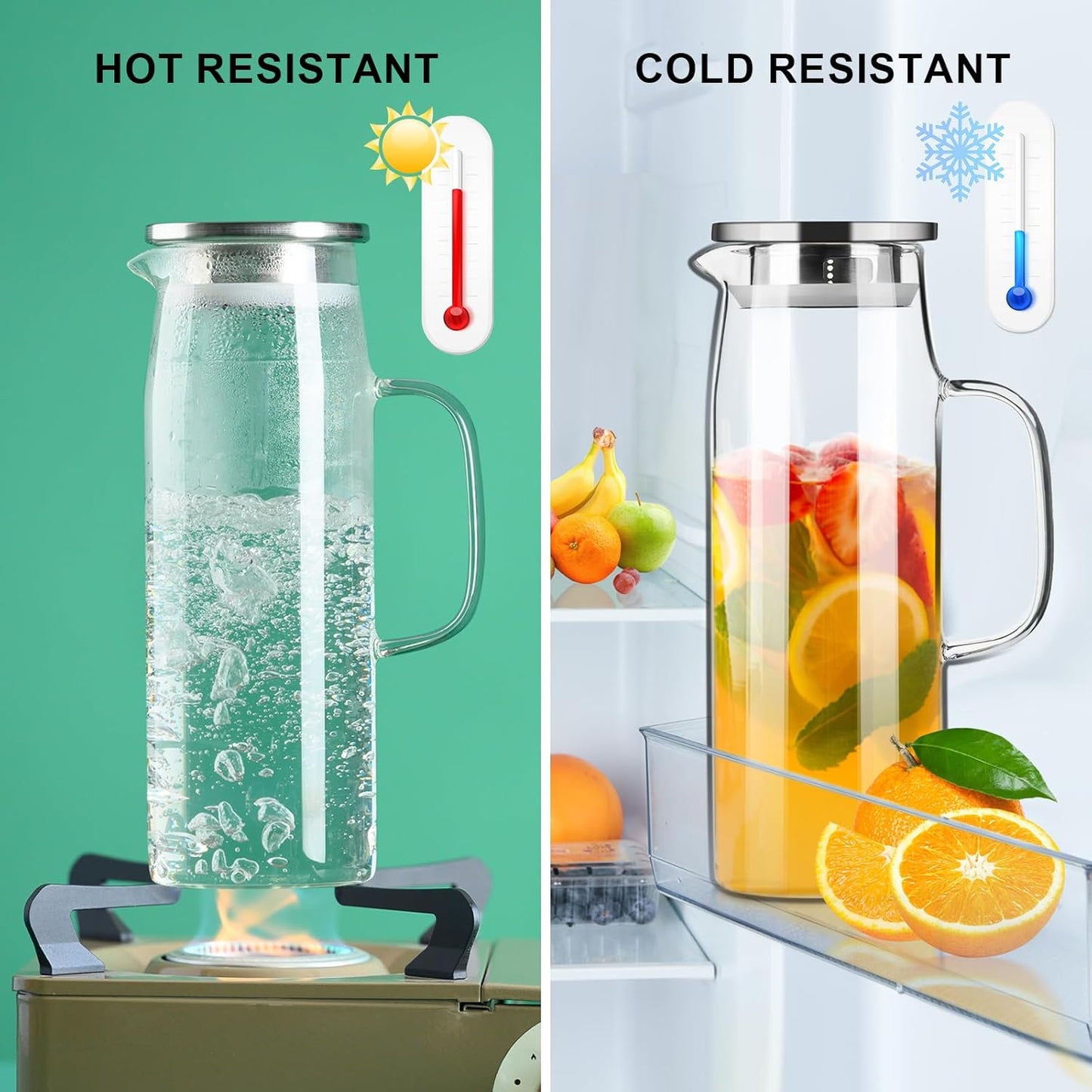 PARACITY Glass Pitcher with Lid and Spout 50oz/ 1.5L, Hot/Cold Water Pitcher, Iced Tea Pitcher for the Shelf of Fridge, Easy to Clean, High Borosilicate Glass Pitcher for Lemonde, Juice and Milk