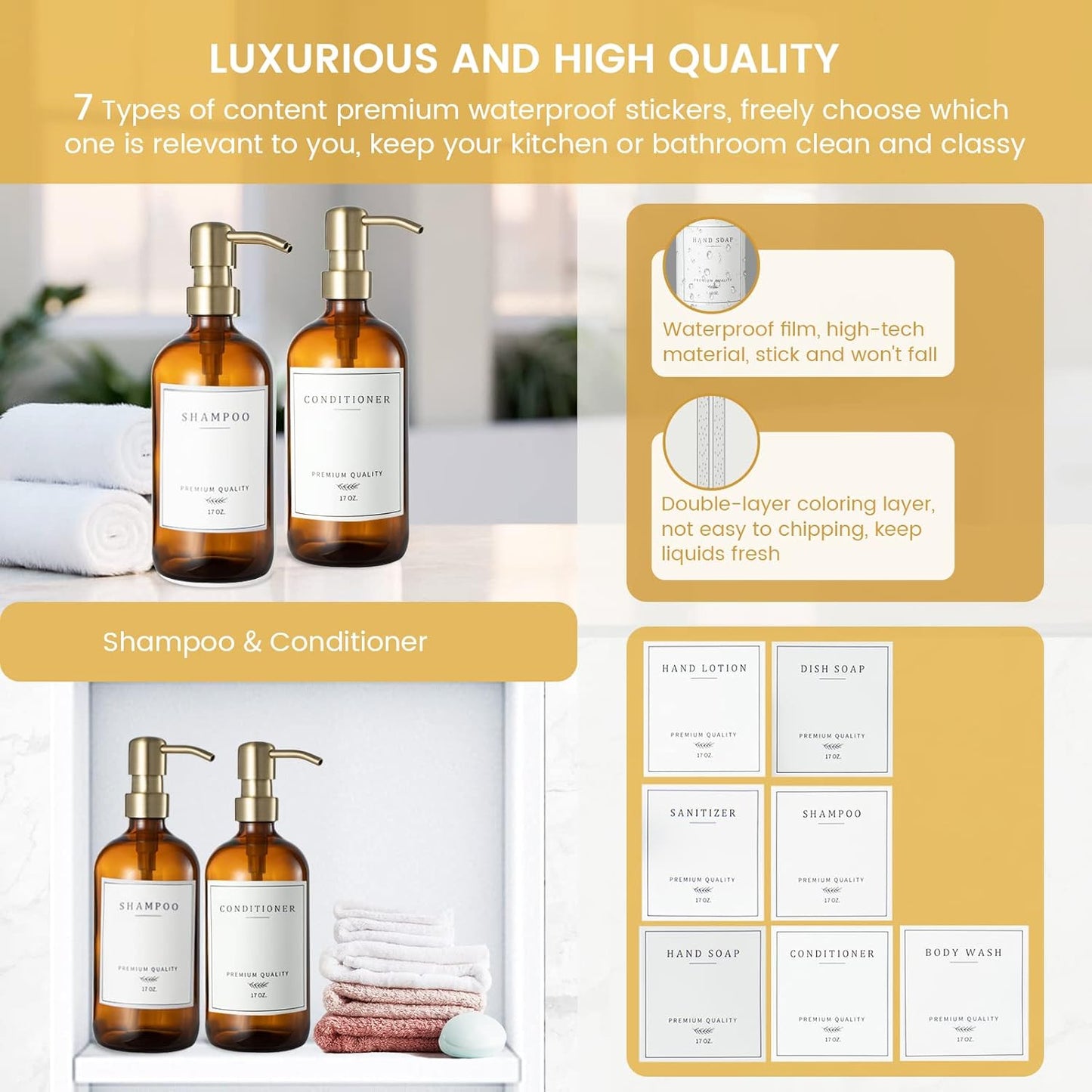 Glass Soap Dispenser for Kitchen, Farmhouse Dish & Hand Soap Dispenser Set, Rustproof Pump Bathroom Soap Lotion Dispenser with Tray, Waterproof Label for Kitchen Decor(Amber