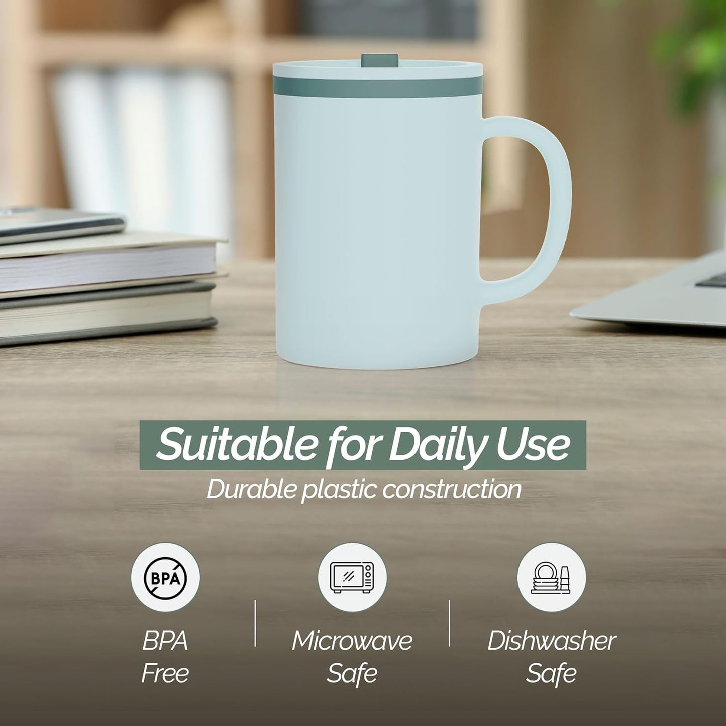 Copco Iconic 16oz Double Wall Insulated Desk Mug with Lid & Handle, Set of 2, BPA-Free Reusable Plastic, Spill-Proof, Microwave & Dishwasher Safe, Wide Mouth, Cup Holder Friendly (Grey)