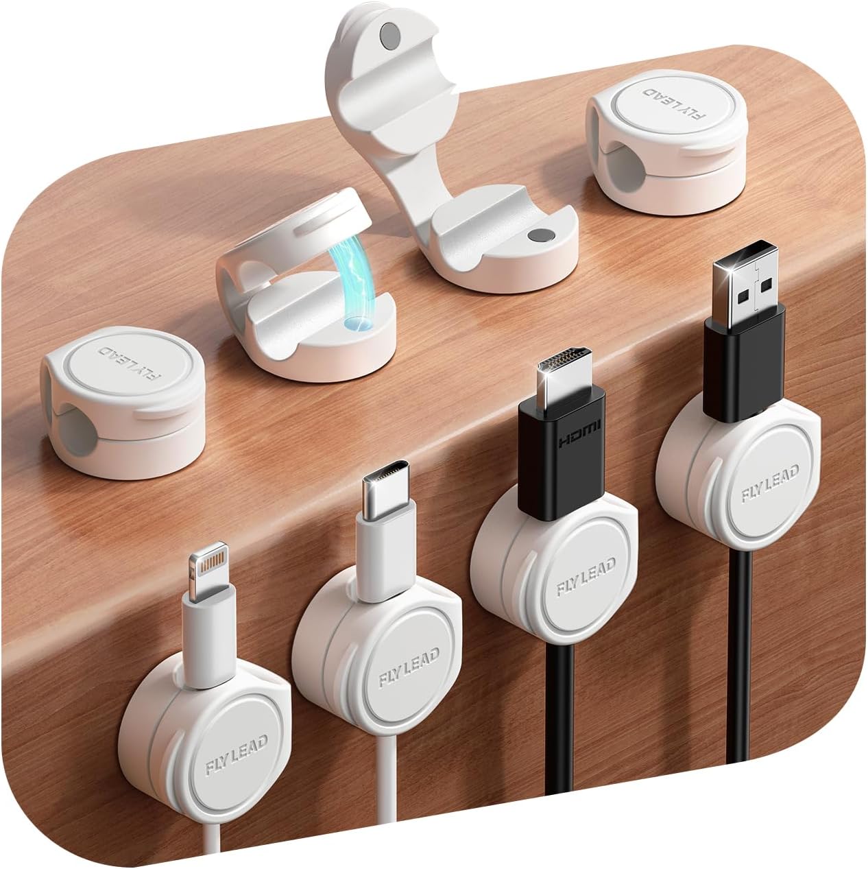 8-Pack Cord Organizer Silicone Magnetic Cable Clips [8 mm Wider Cable Accessible] Desk Wire Management, FLYLEAD Desktop Cord Holder for Nightstand, Office Workspaces Desk Organization Home Accessories