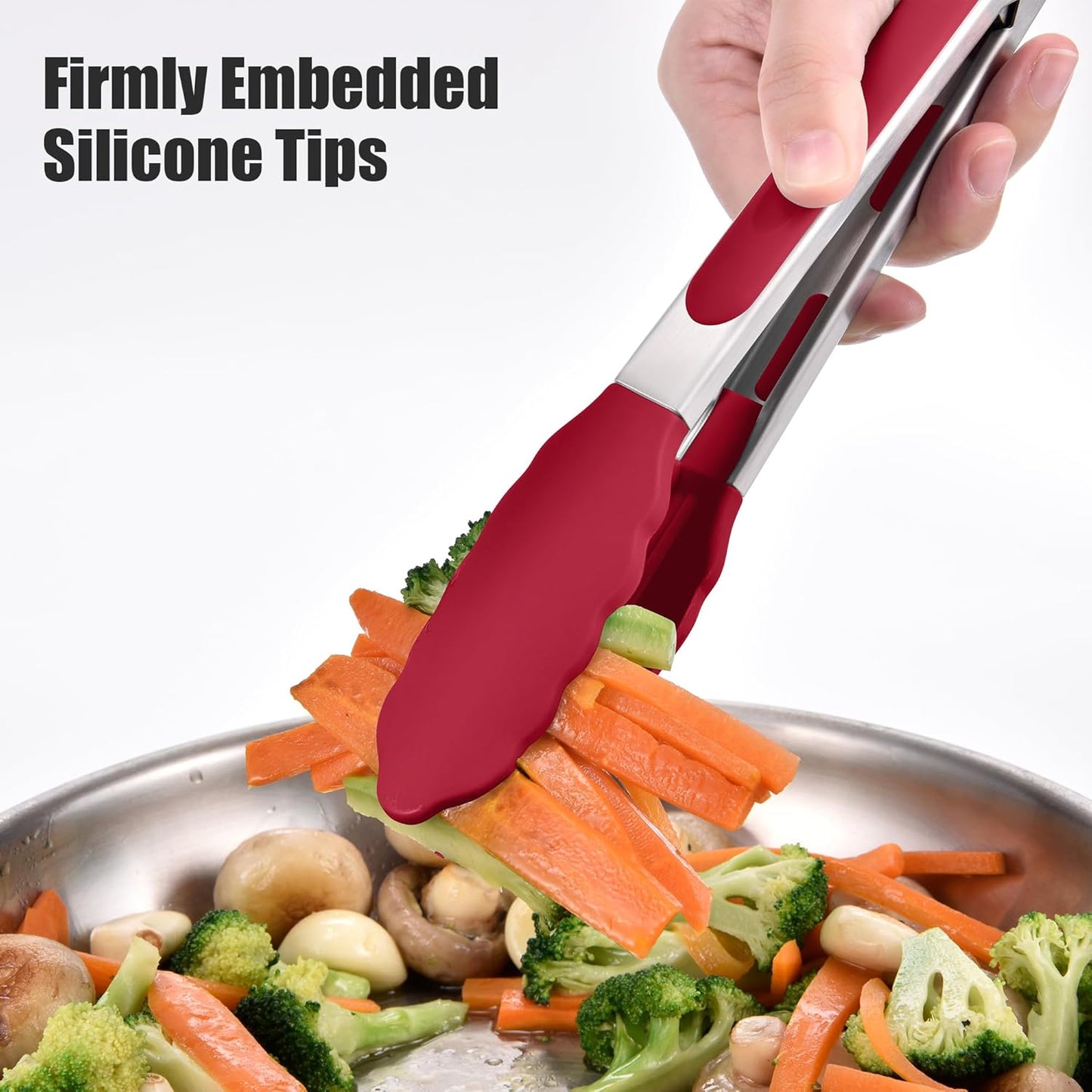 Doosu Kitchen Tongs for Cooking - 600°F Heat Resistant Food Tong with Non-Scratch Silicone Tips, Heavy Duty Stainless Steel Locking Tong for BBQ, Grilling Steak, Serving Salad, Pasta (9in, Red)