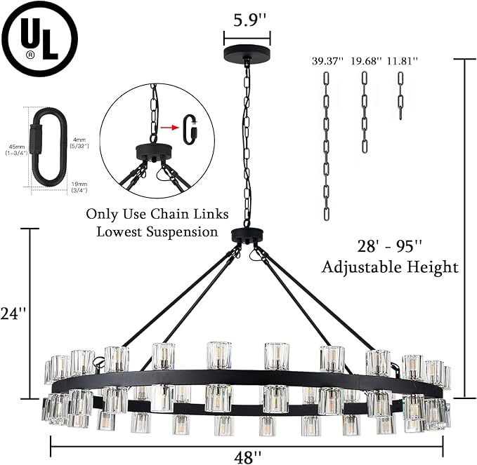 48 Inch Black Wagon Wheel Chandelier with Crystal Shade, 48 Lights, Modern Farmhouse Style, Ideal for Dining Room, Kitchen, Entryways