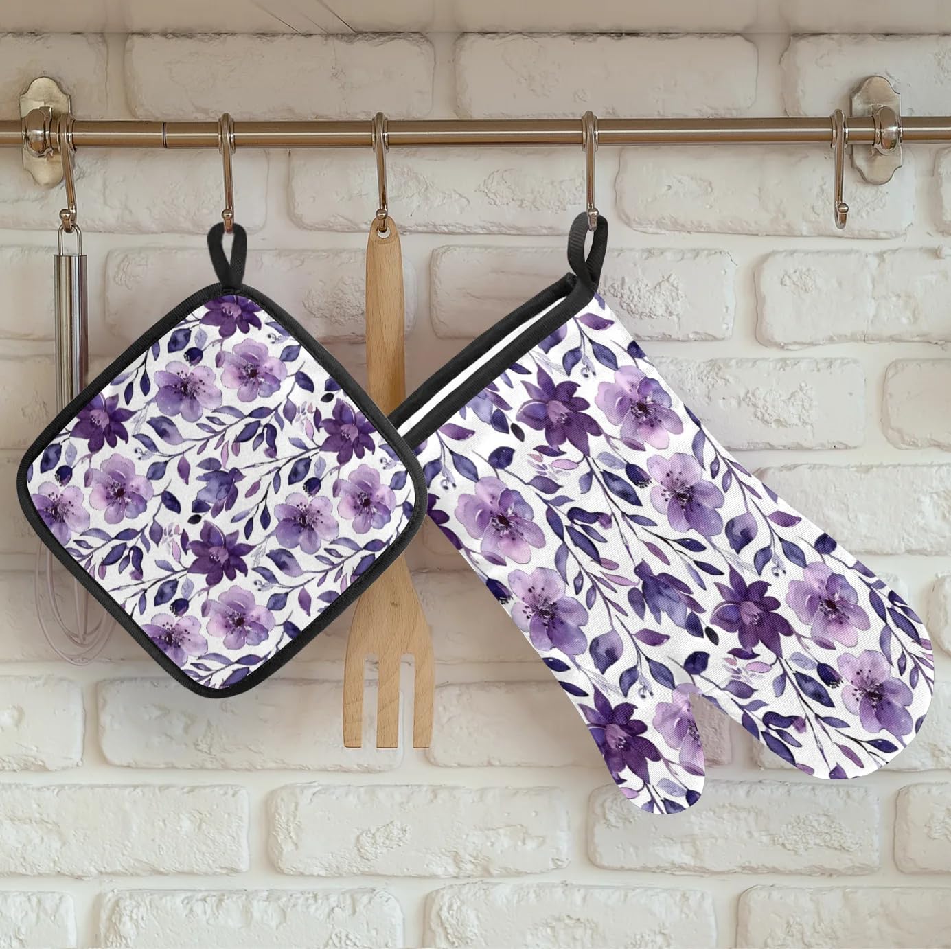 Flower Oven Mitts and Pot Holders Sets, 2 Pcs Purple Floral Decorative Kitchen Oven Glove for Cooking