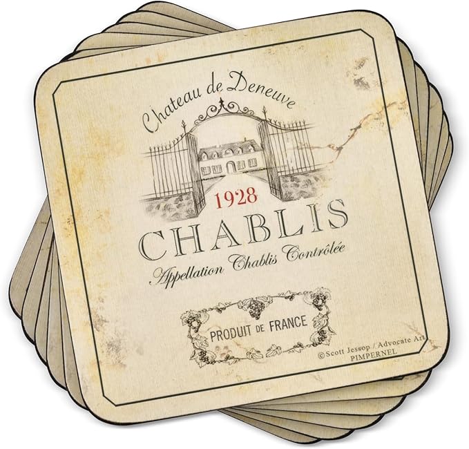 Pimpernel Vin de France Coasters, Set of 6 – 4" Cork-Backed Boards Featuring Classic Wine Label Artwork, Heat & Stain Resistant Lacquered Finish Drink Mats for Dining, Bar & Kitchen Decor