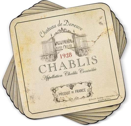 Pimpernel Vin de France Coasters, Set of 6 – 4" Cork-Backed Boards Featuring Classic Wine Label Artwork, Heat & Stain Resistant Lacquered Finish Drink Mats for Dining, Bar & Kitchen Decor