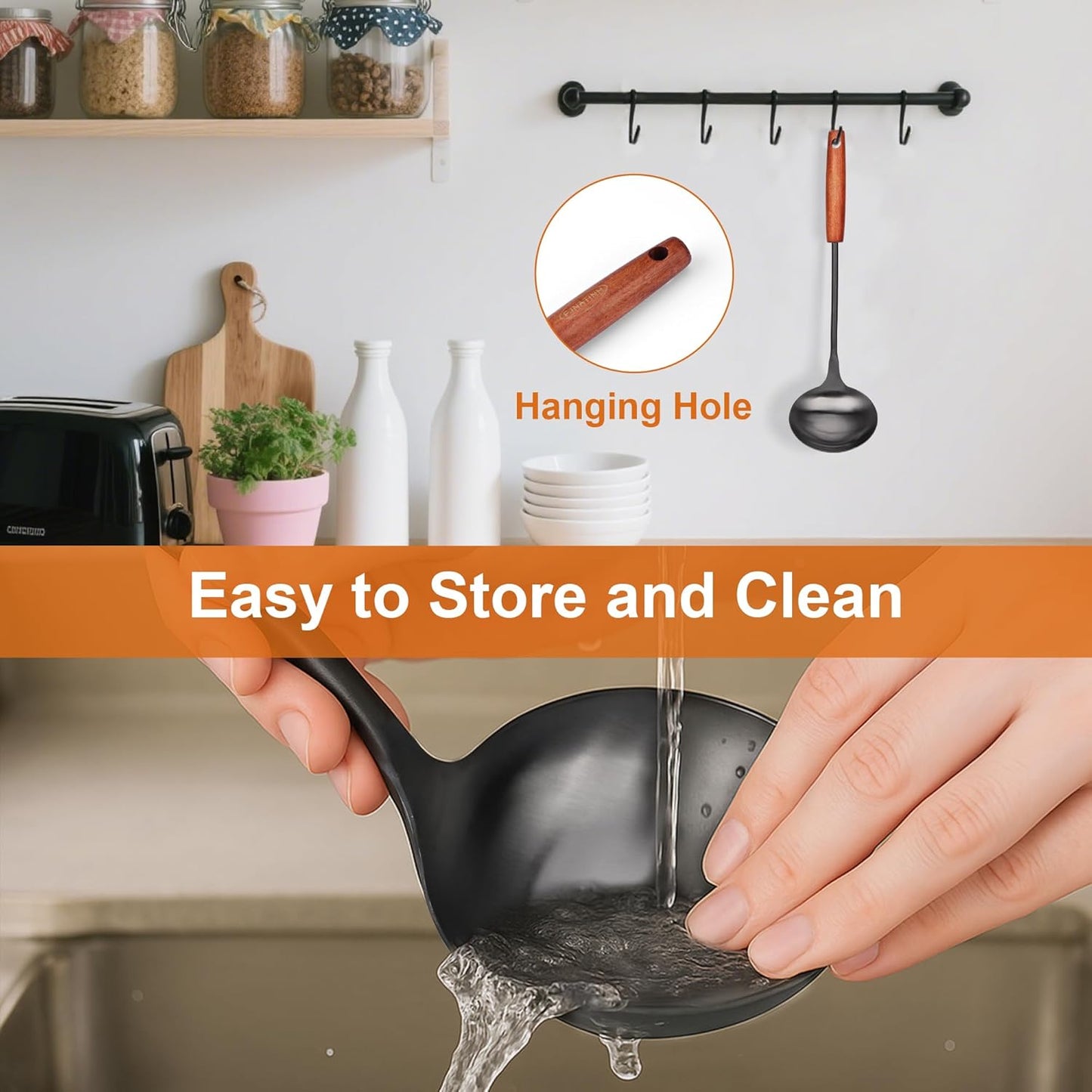 FJNATINH Soup Ladle, Food Grade 304 Stainless Steel Ladle, Large Metal Ladel Kitchen Cooking Soup Spoon Tools with Heat Resistant Wooden Handle, Integral Forming 13.8 Inches